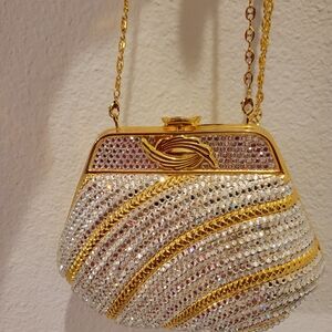 Vintage Beautiful Beaded Gold and Silver Evening Bag With Long Chain Strap.